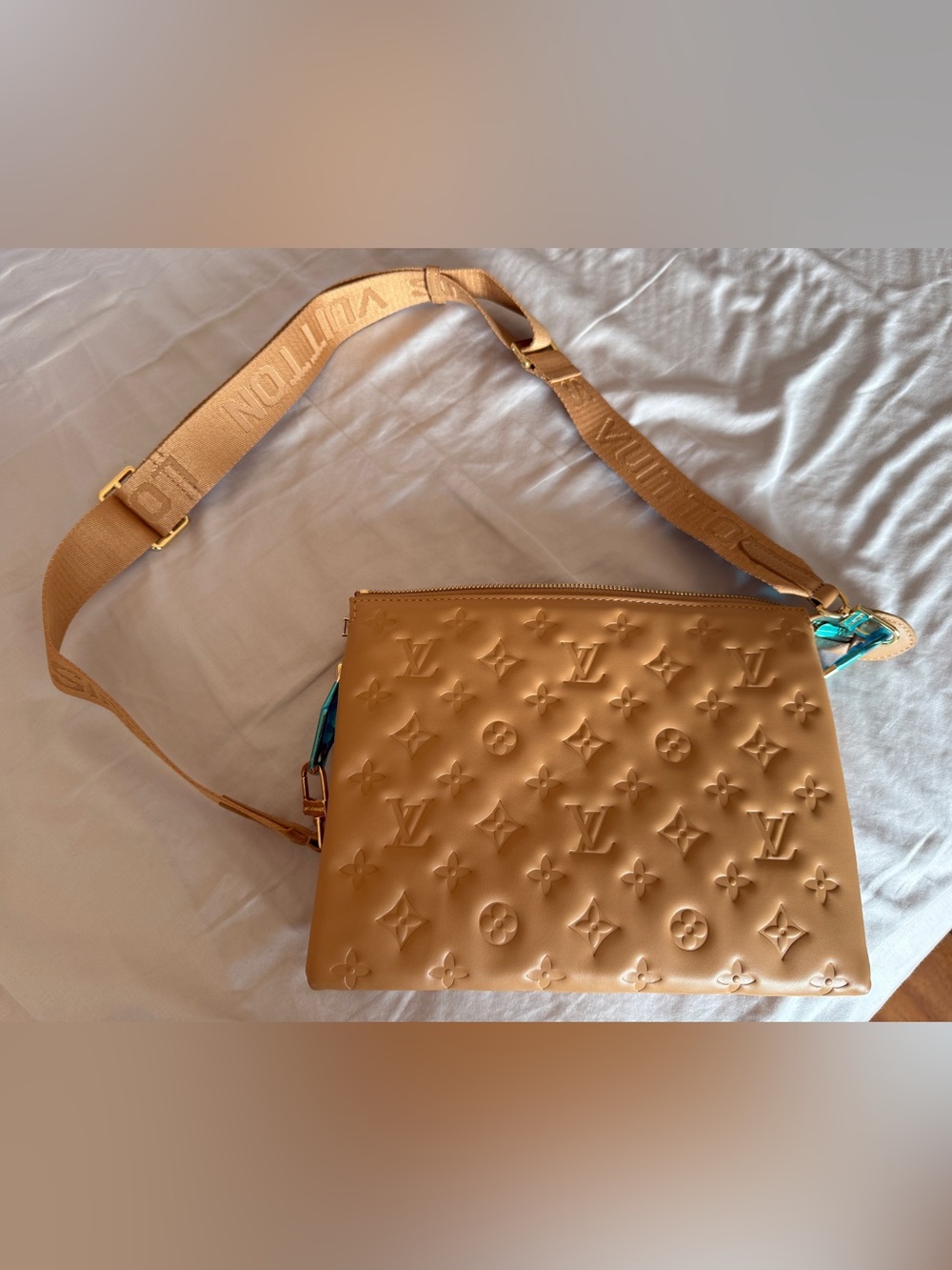 Louis Vuitton Tan Monogram Embossed Crossbody Bag Leather Bag Purse Handbag New